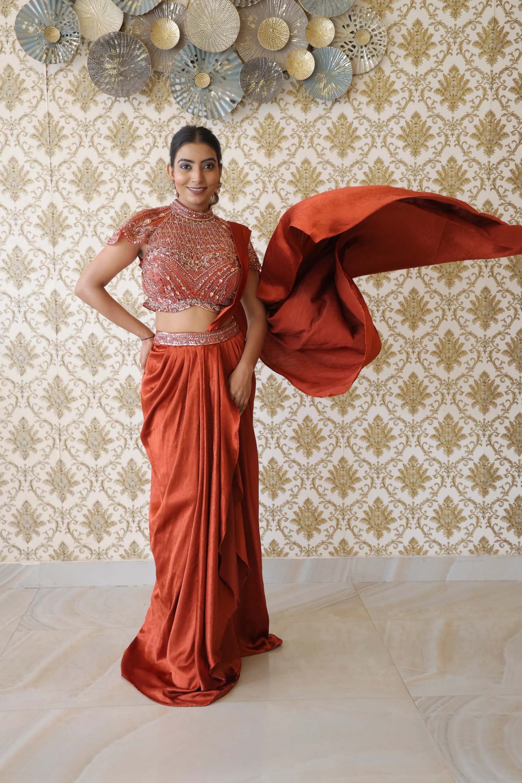 Elegant Rust Regal Draped Saree Set