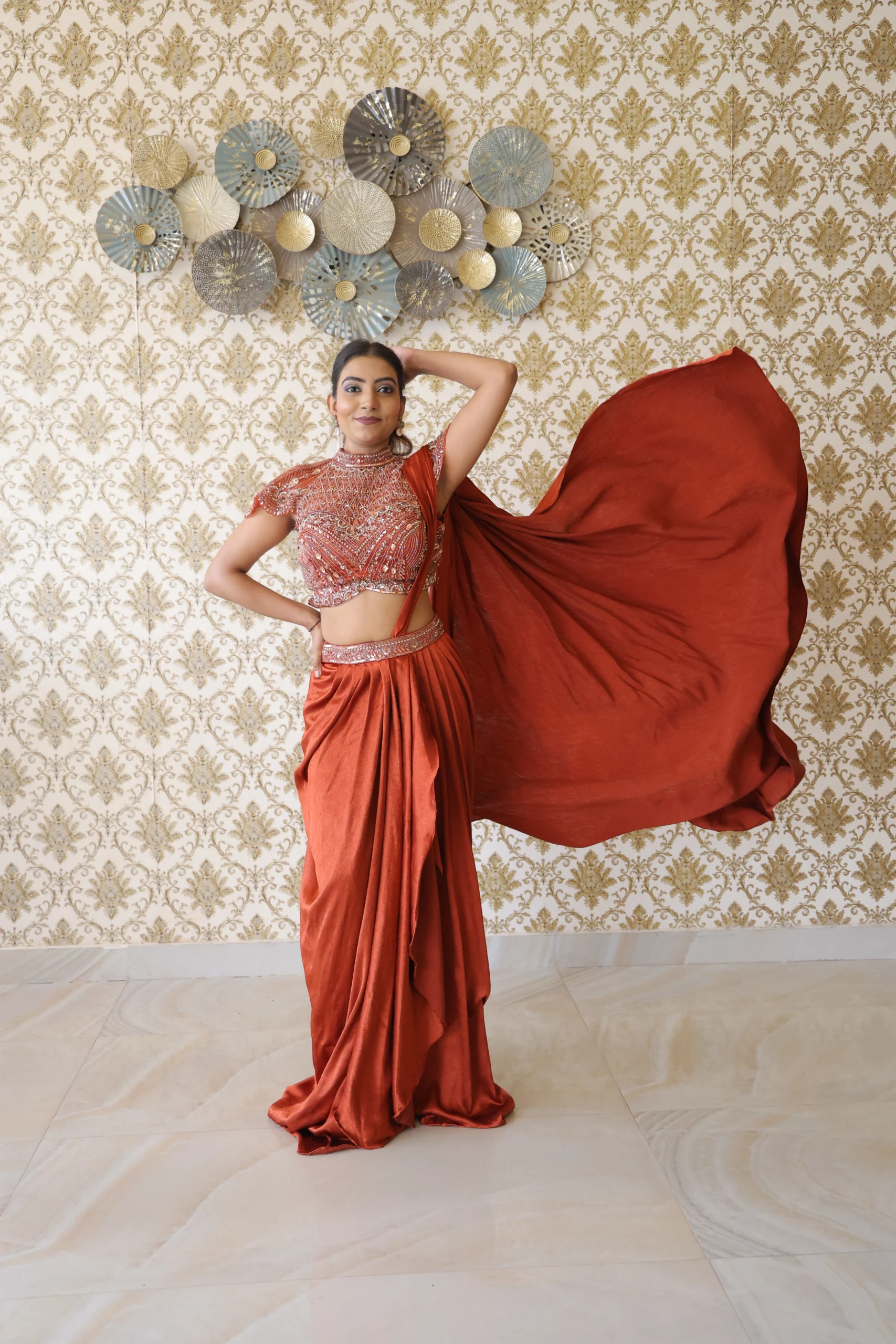 Elegant Rust Regal Draped Saree Set - Image 3