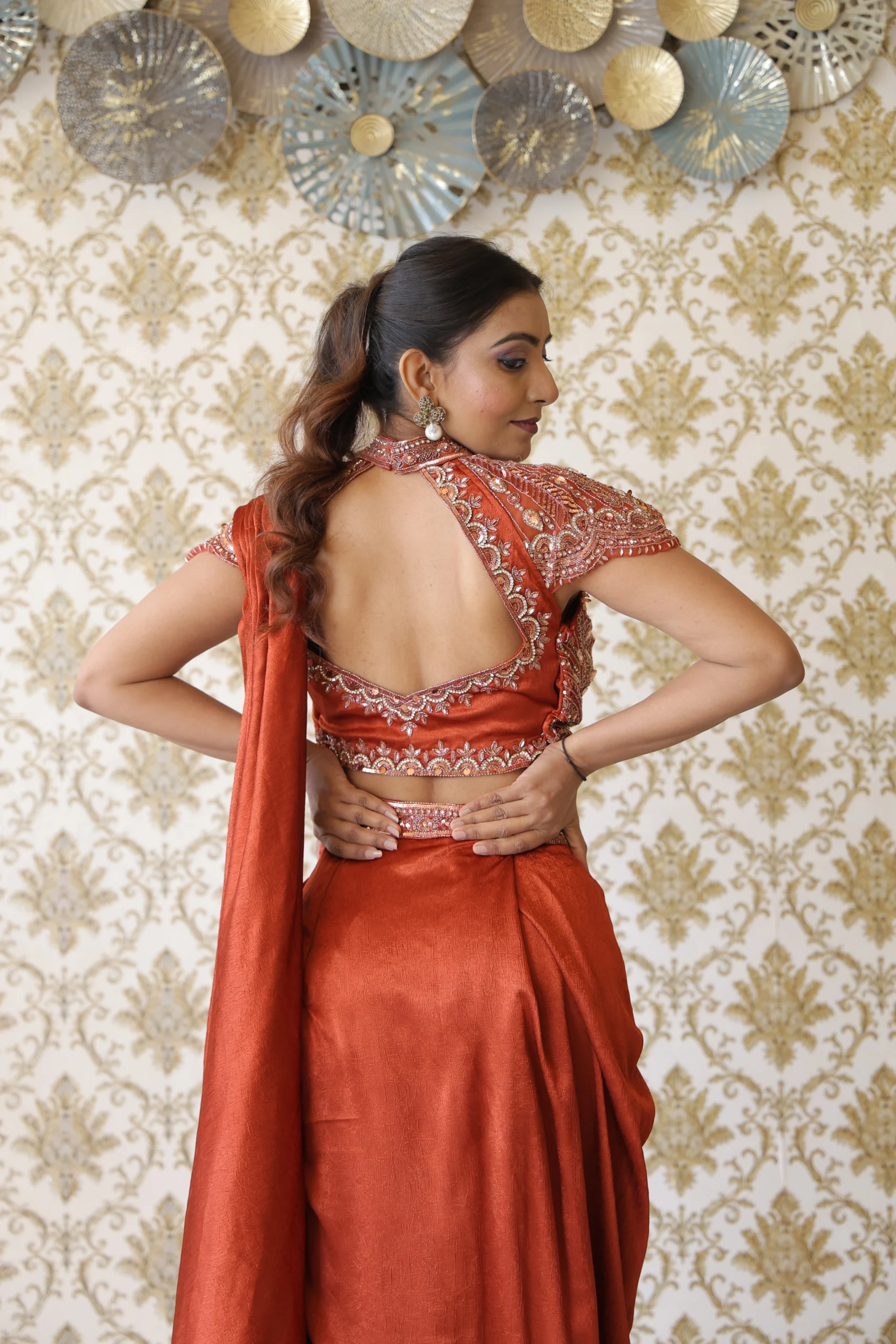 Elegant Rust Regal Draped Saree Set - Image 2
