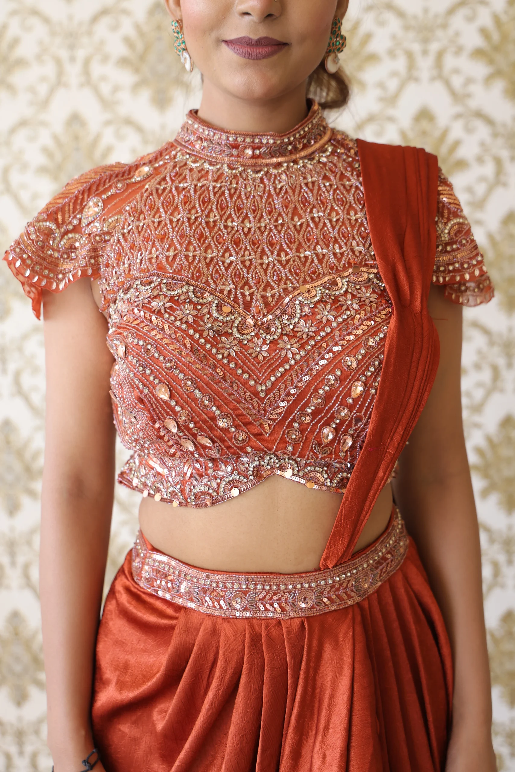 Elegant Rust Regal Draped Saree Set - Image 6