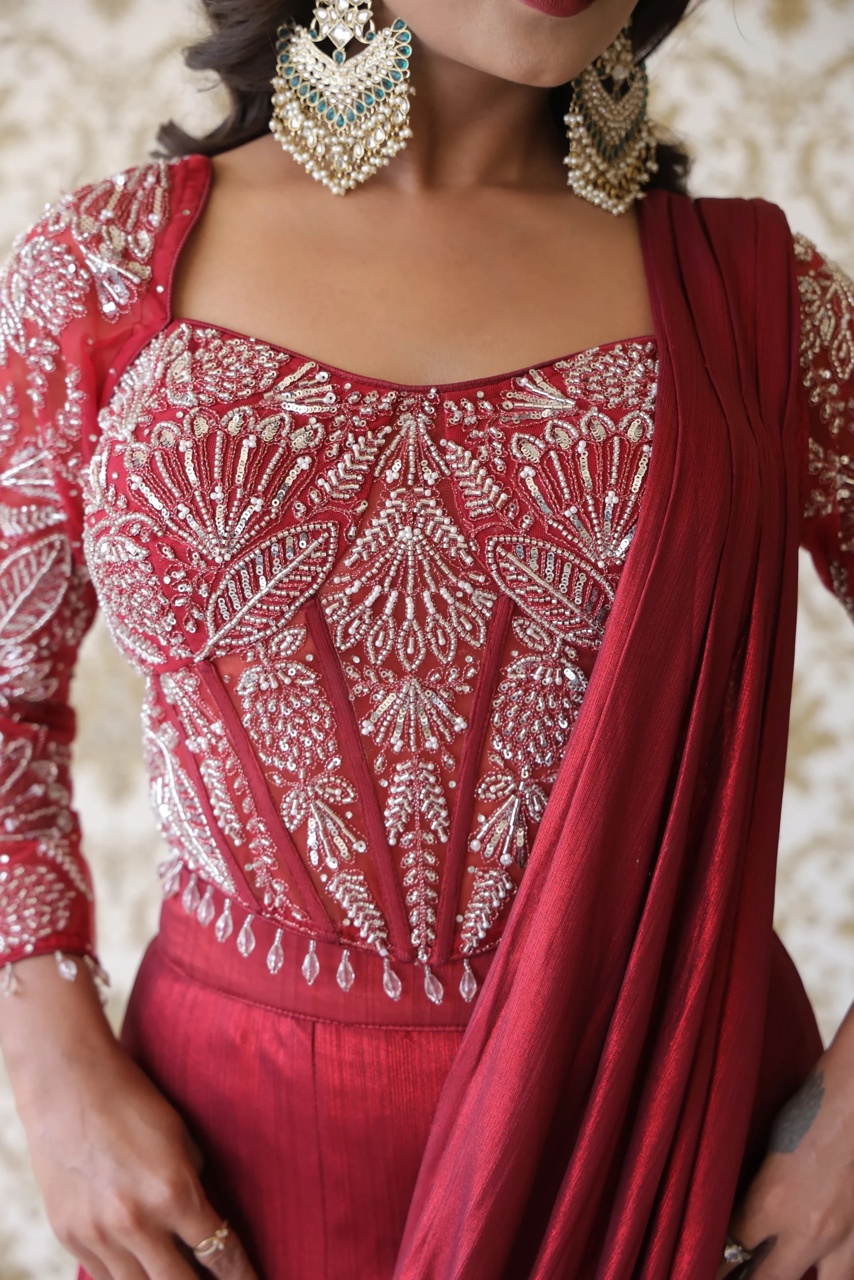 Crimson Royal Red Embellished Draped Gown - Image 2