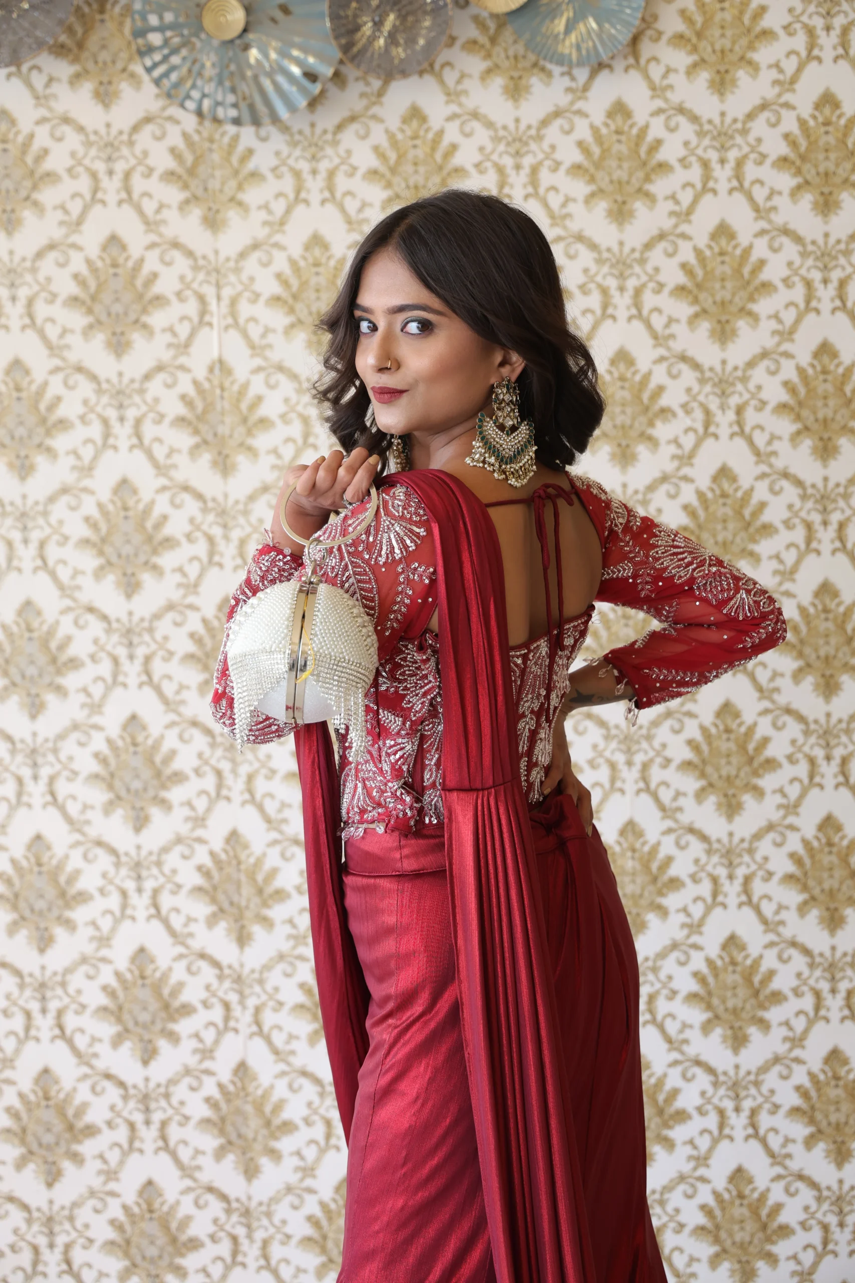 Crimson Royal Red Embellished Draped Gown - Image 3