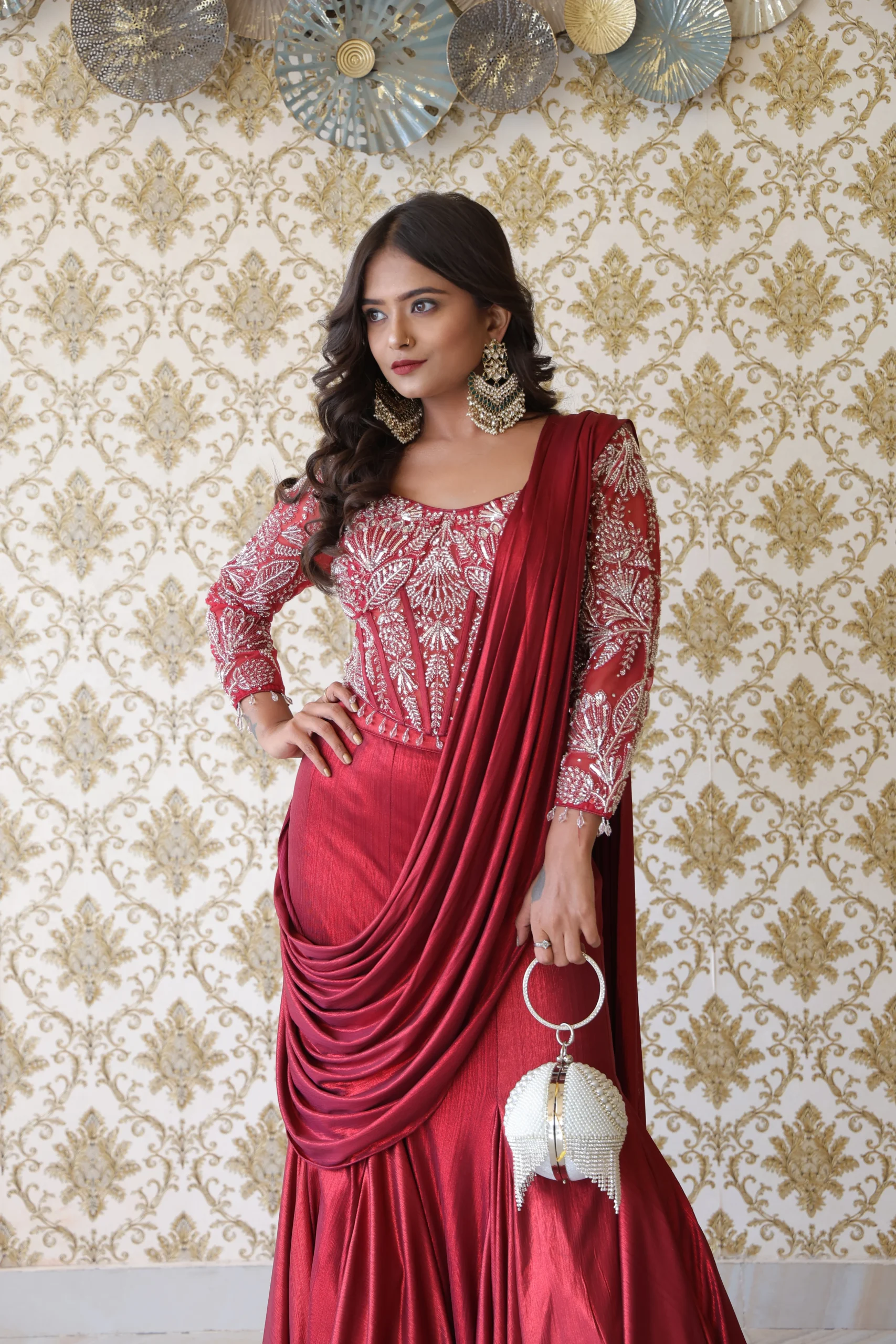 Crimson Royal Red Embellished Draped Gown - Image 4