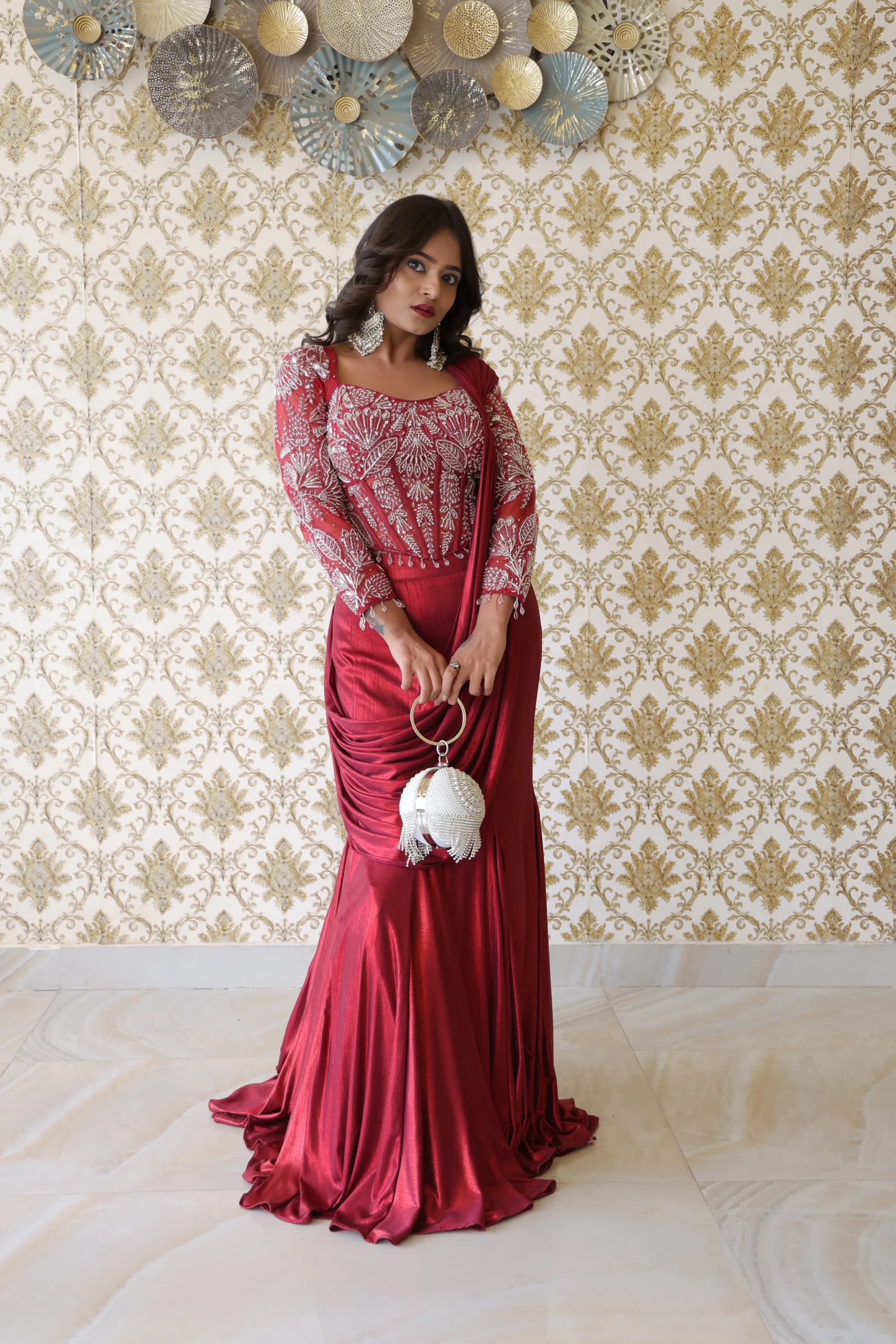 Crimson Royal Red Embellished Draped Gown - Image 5