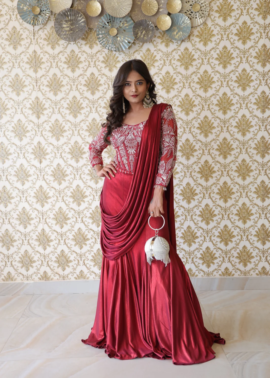 Crimson Royal Red Embellished Draped Gown