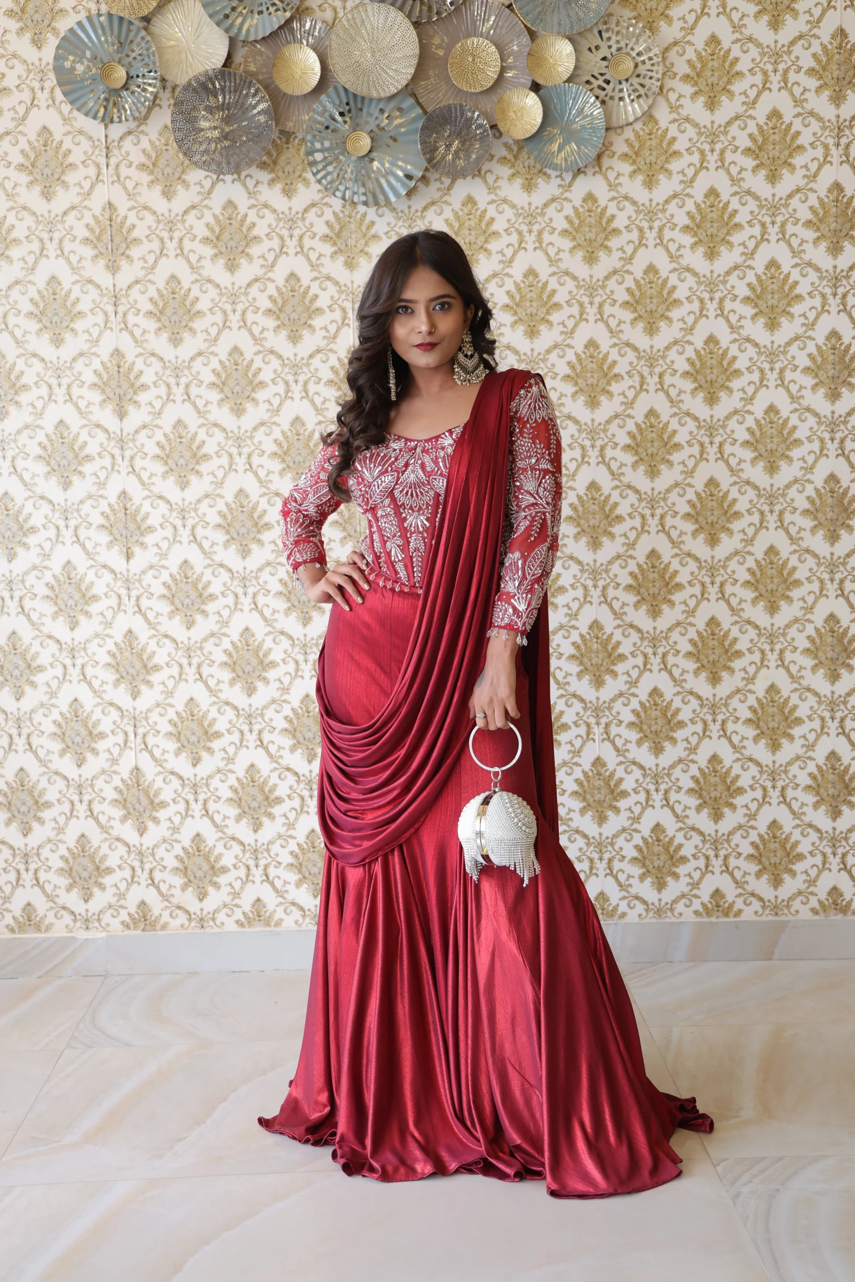 Crimson Royal Red Embellished Draped Gown